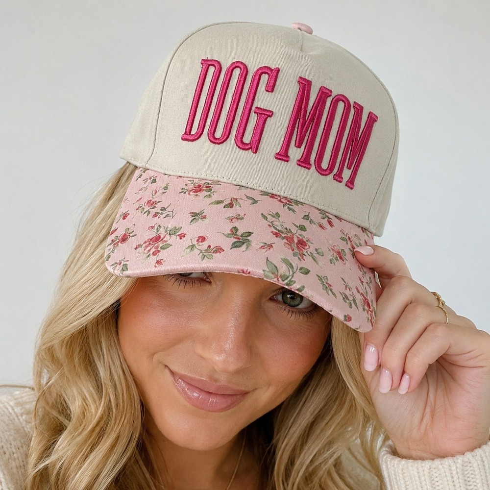 Dog Mom Baseball Cap Tan Pink Floral Brim Snapback Hat Embroidery New